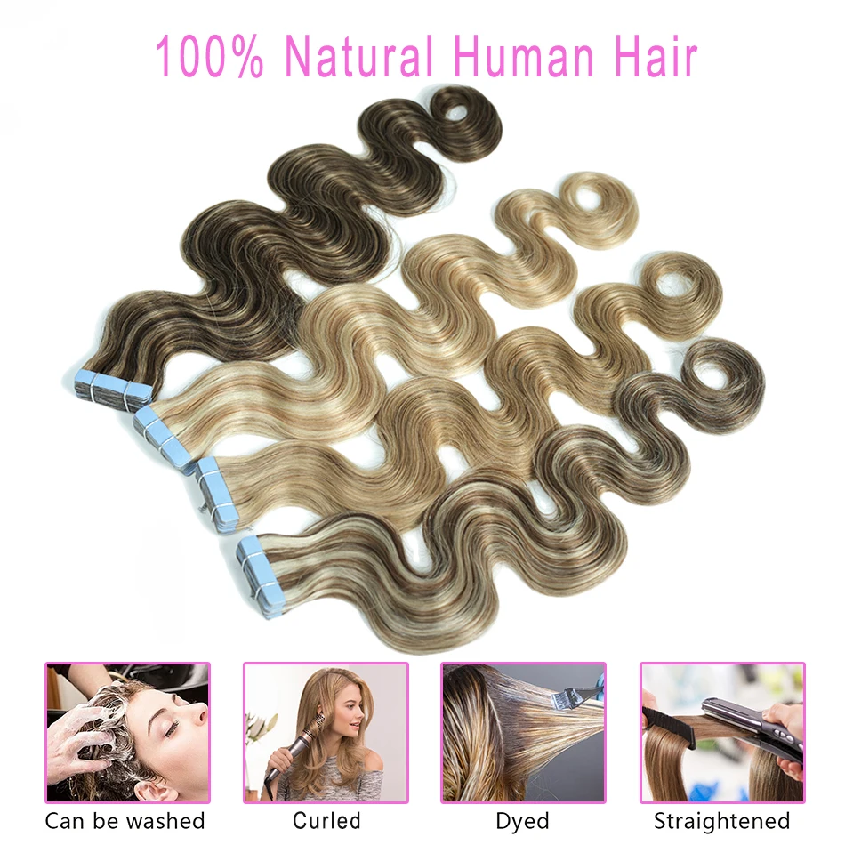 Tape in Hair Extensions Black Brown Mixed Blonde Real Human Hair Extensions Tape Ins Body Wave Reusable PU Skin Weft Glue in