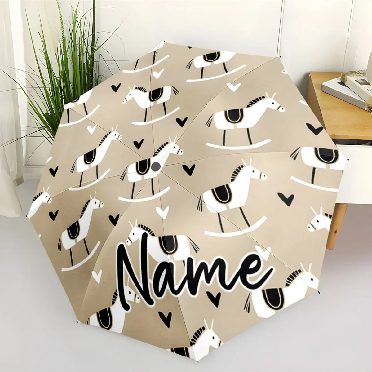 Custom Name Rocking Horse Patterned Umbrella for All Ages Print 8 Iron Ribs Folding Umbrella Auto-Open Fashion Sunshade