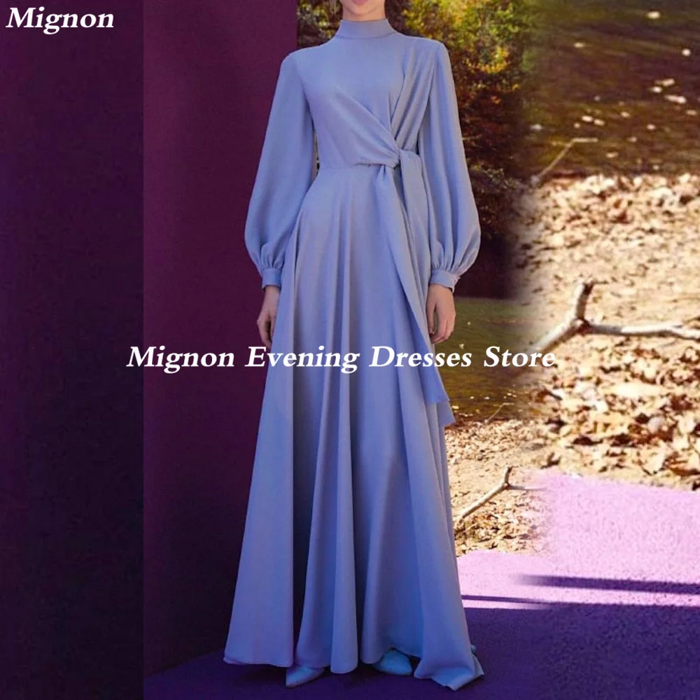 Mignon Satin A-line O-neck Arab Ruffle Prom Gown Floor Length Saudi Evening Formal Elegant Party Dress for Women 2023