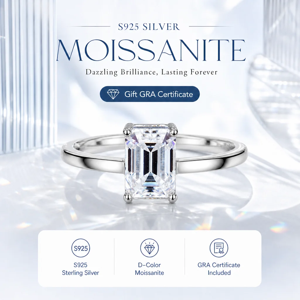 Emerald Cut Adjustable Rings With GRA Certificate Moissanite Pass Diamond Tester S925 Sterling Silver Radiant Pear Rings