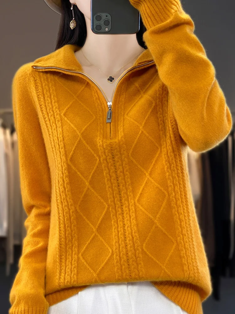 2024 Autumn Winter Women Zipper Pullover Cable Knit Turn Down Collar Cashmere  Sweater Casual Style 100% Merino Wool Knitwear