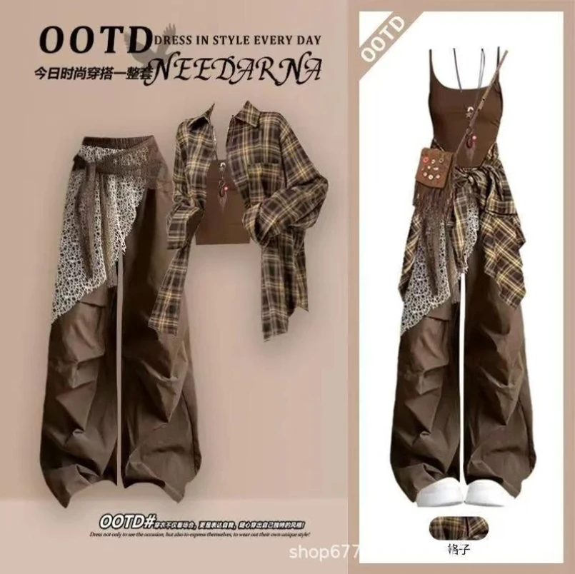 Fashion Women's Set Spring and Autumn Korean Version Spicy Girl Camisole Shirt Maillard Work Pants Three Piece Set