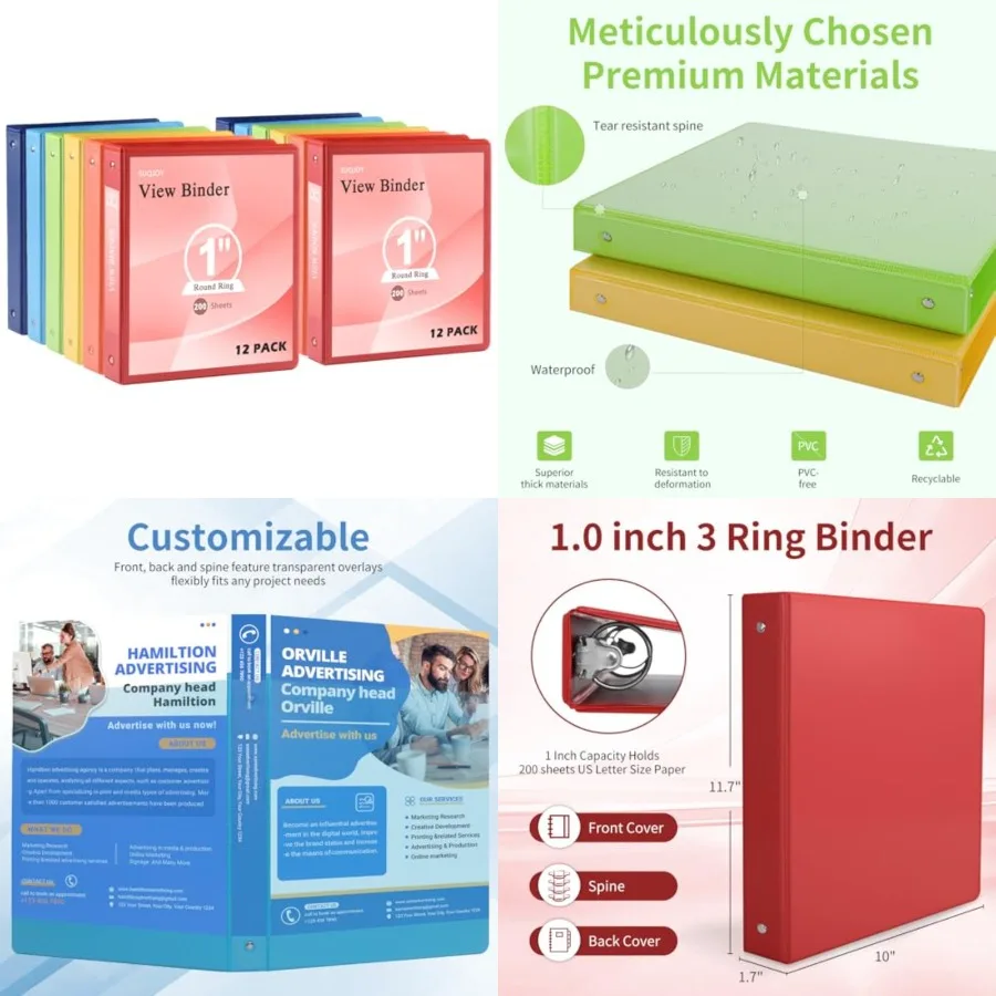 

3-Ring Binder, Round Ring, Clear View Cover with 2 Inside Pockets, PVC-Free, Assorted Colors Binders, Holds 8.5 x Paper, 12 Cou