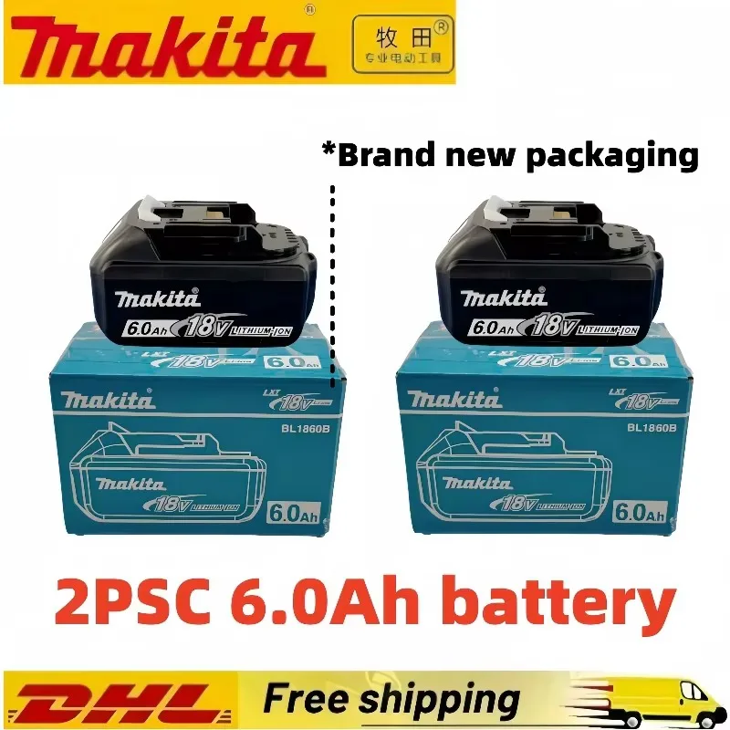 Batteria di ricambio agli ioni di litio da 6,0 Ah per utensili Makita 18V LXT, modelli BL1815, BL1830B, BL1860B. Caricabatterie rapido DC18RC in dotazione. Confezione in scatola di cartone o in