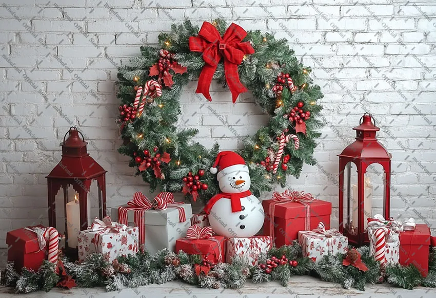 Mehofond التصوير خلفية عيد الميلاد الأبيض الطوب جدار ثلج شجرة عيد الميلاد الاطفال الأسرة صورة ديكور خلفية استوديو الصور