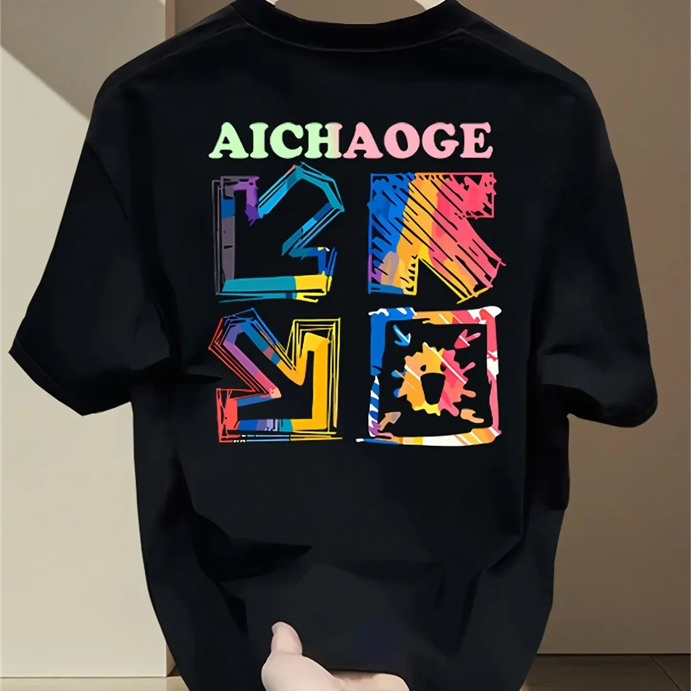 Artistic Abstract Letter Pure Cotton T-shirt Rainbow Graffiti Pattern Minimalist Men's Fashion T-shirt