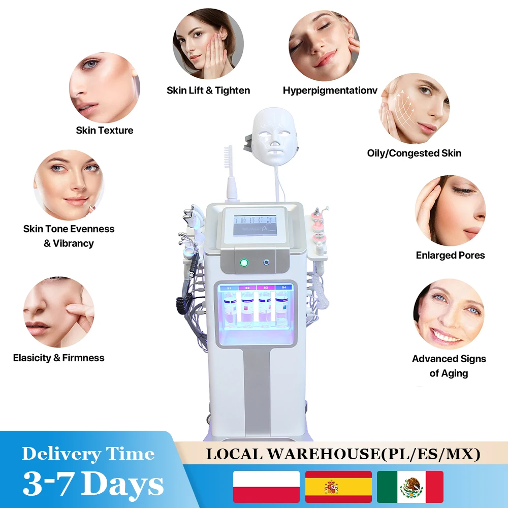 Machine d'hydrodermabrasion à bulles d'hydrogène et d'oxygène 10/12 en 1, avec masque LED, dispositif de beauté pour le lifting de la peau, nettoyage en profondeur, soins du visage, spa
