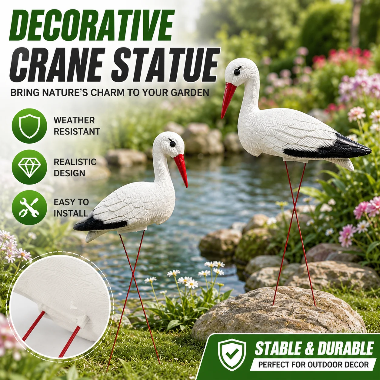 Figura de Cigüeña Blanca para Decoración de Jardín, Estaca de Resina con Patas Rojas, Adorno Resistente a la Intemperie para Césped, Patio y Paisajismo Exterior