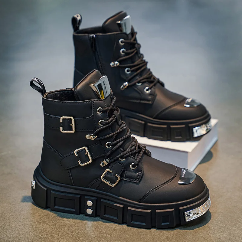 Botas de Motocicleta para Hombre, Estilo Urbano con Hebilla, Botas Altas para Hombre, Suela Gruesa, para Todas las Temporadas, Botas Casuales Retro de Motocicleta