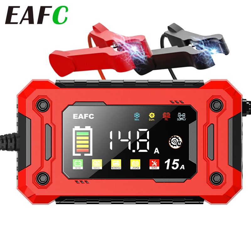 EAFC 8A/15A chargeur de batterie de voiture grand écran 12V chargeur intelligent pour plomb-acide AGM Gel humide AUTO moto SUV Pluse chargeur de réparation EAFC 8A/15A chargeur de batterie de voiture grand écran 12V chargeur intelligent pour plomb-acide AGM Gel humide AUTO moto SUV Pluse chargeur de réparation