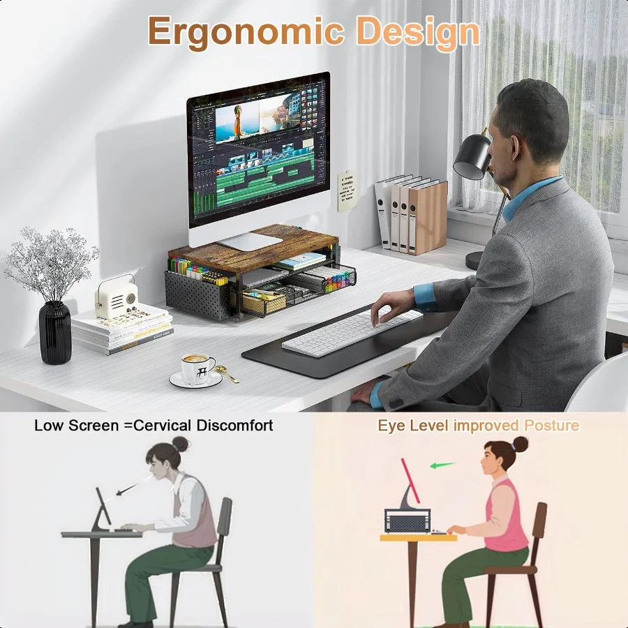 gian Wood Monitor Stand Riser Office Desk Shelf Organizer Desk Organizer with Drawer and Pen Holder 2Tier Computer Stand Office