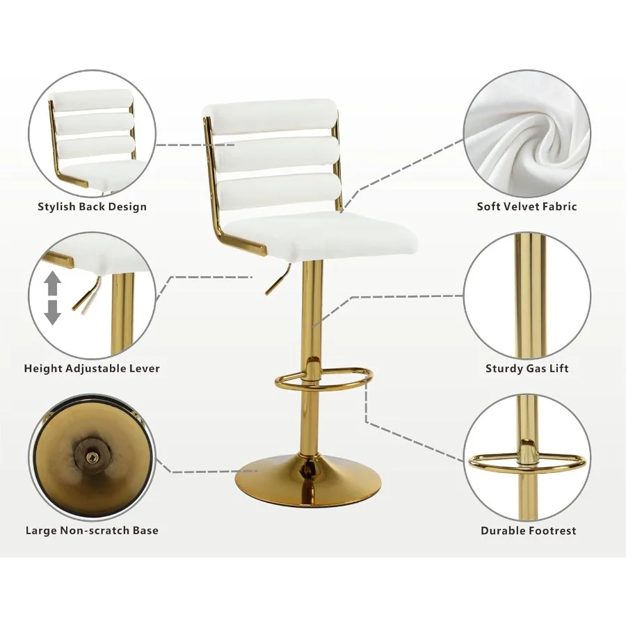 طقم كراسي بار مخملية حديثة مكون من قطعتين باللون الأبيض مع قاعدة ذهبية قابلة للتعديل بارتفاع 25.534 بوصة بسعة وزن 300 رطل كريمي #5