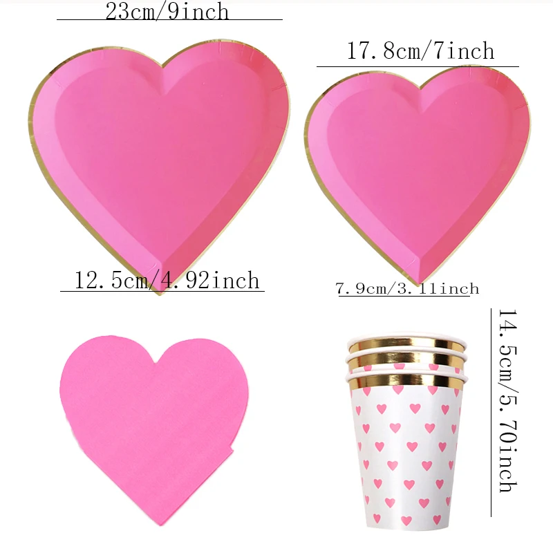 40pcs Rose Heart Shape Disposable Tableware Rose Heart Plate Cup Napkin For Wedding Valentine\'s Day Party Decoration Supplies