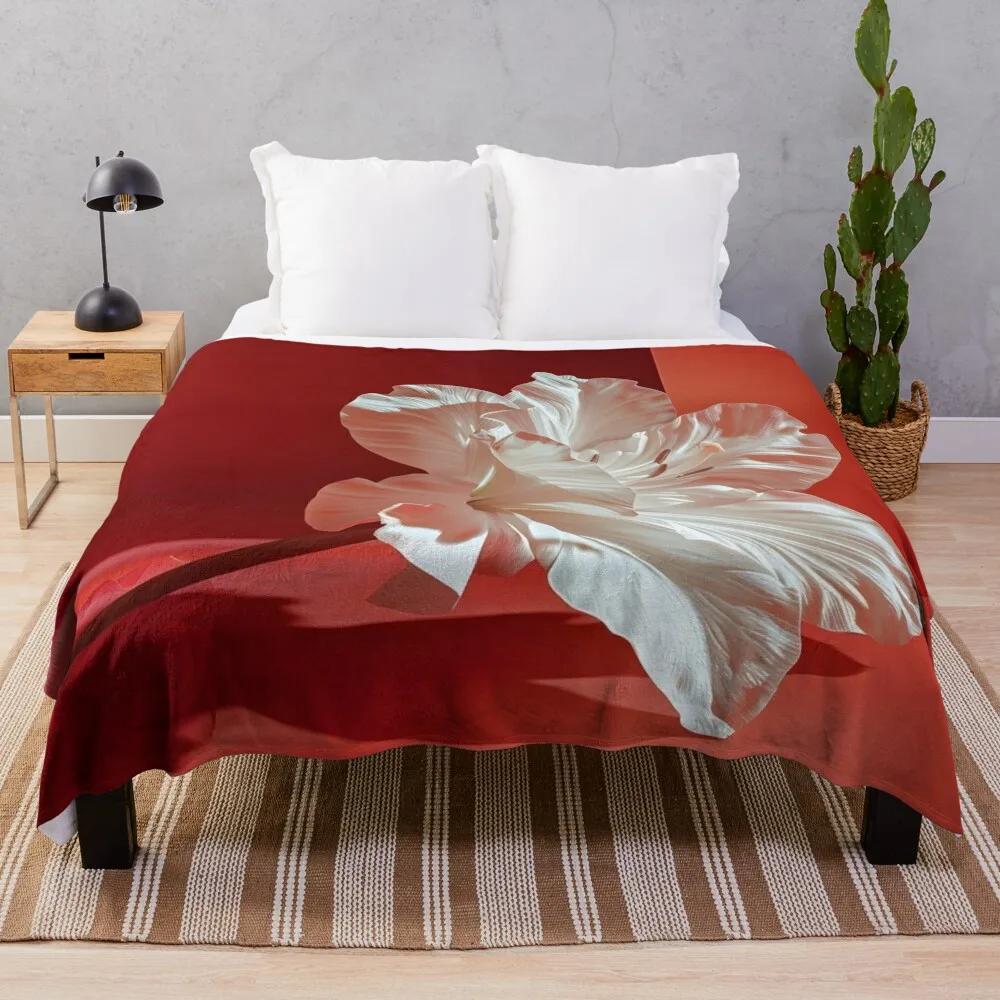 

single white flower in a red room minimalist print Throw Blanket Decorative Beds Decorative Sofas Blankets