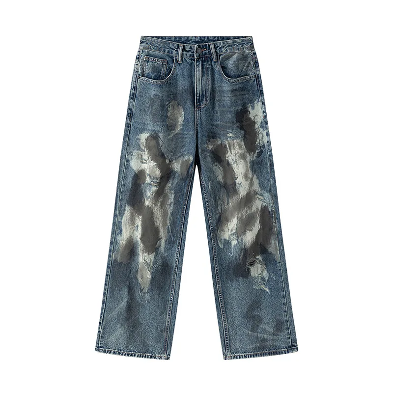 2025年春 メンズ ストレートレッグジーンズ シンプル アメリカン ハイストリート ルーズ ユース ダメージジーンズ メンズ服 ジーンズ