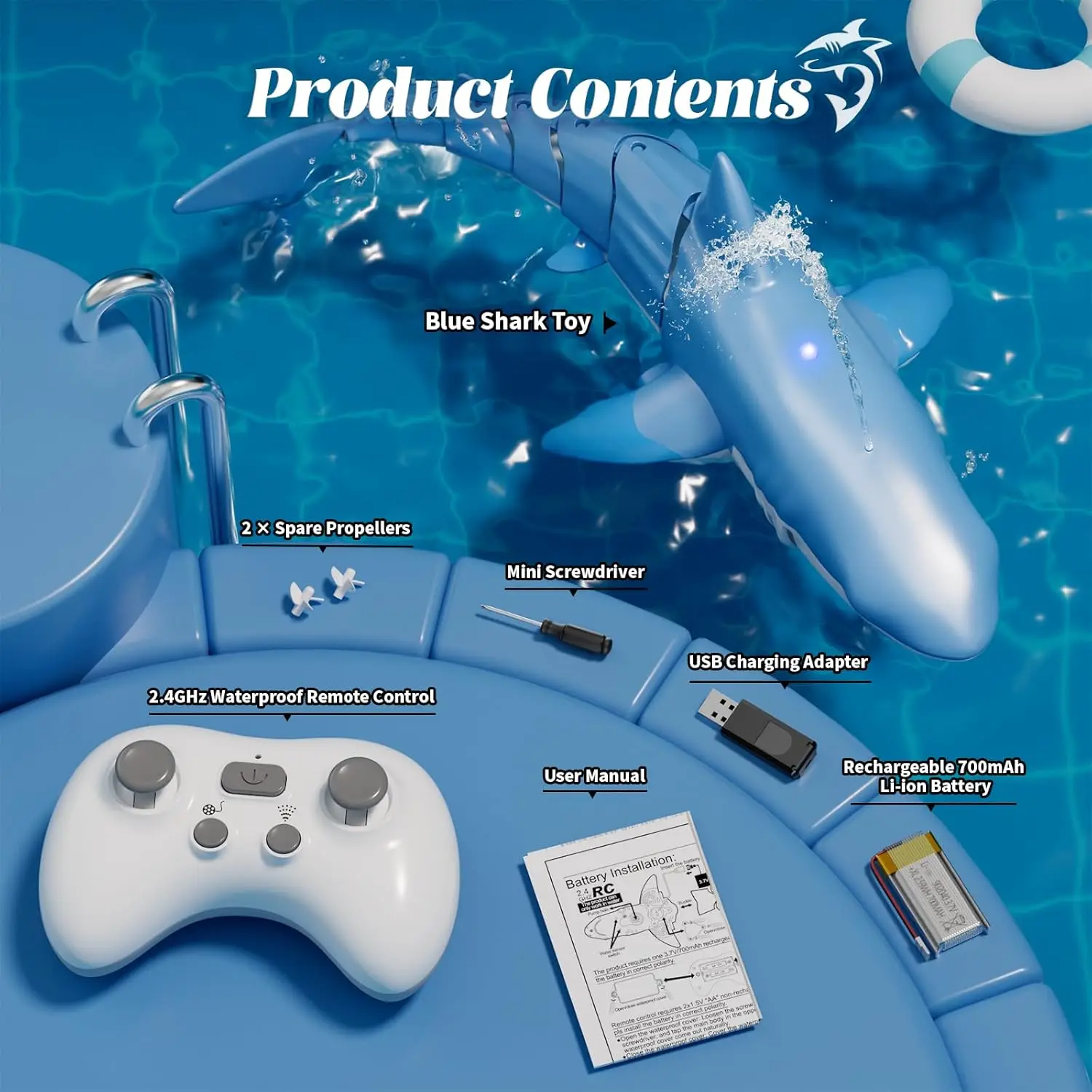 2.4G RC Electric Shark Toy with Lights & Spray, Waterproof Remote Control Fish Robot for Kids Boys Pool Bath Outdoor Water Play