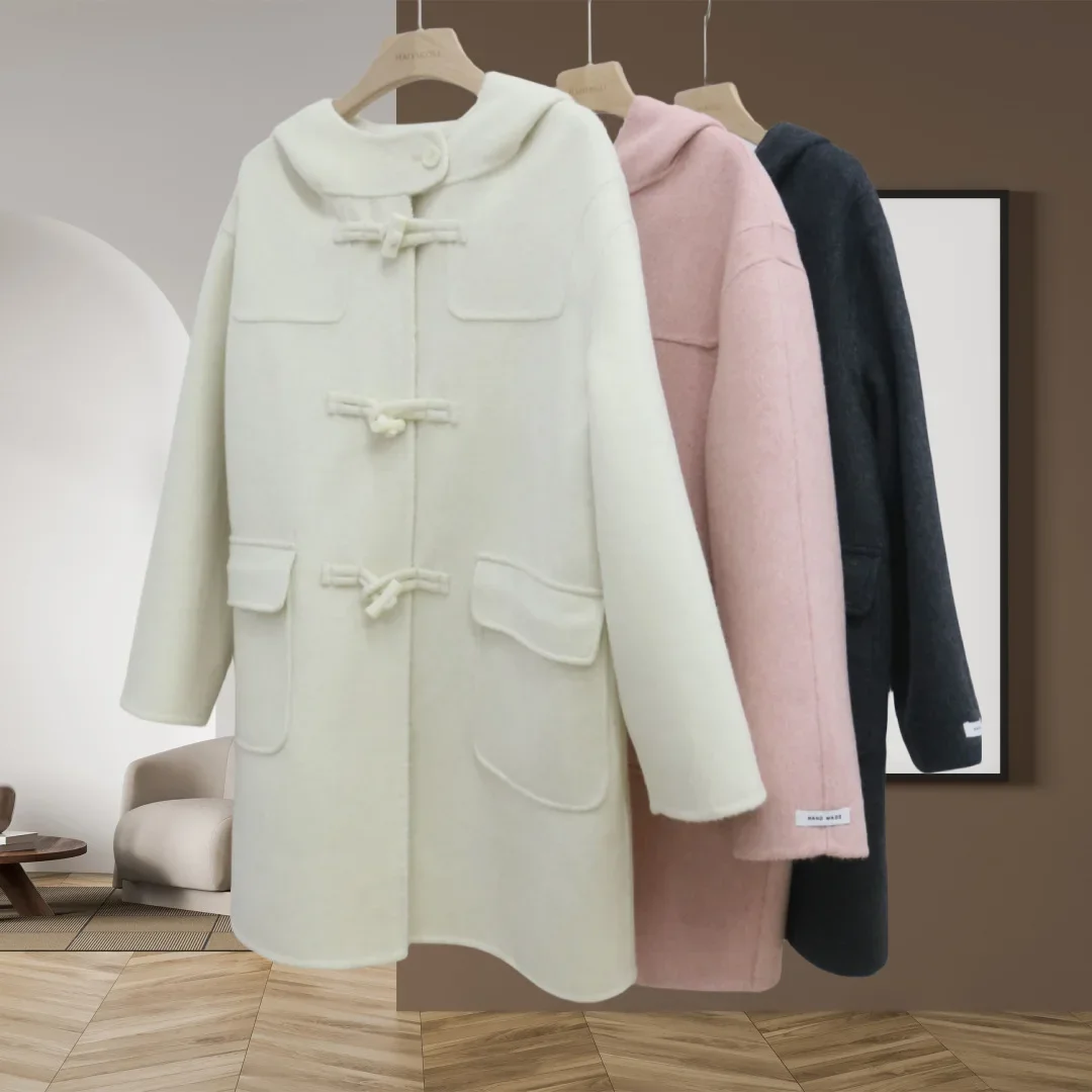 Anti-season double-sided cashmere coat Korean version medium and long hooded horn buckle small man thickened wool woolen coat