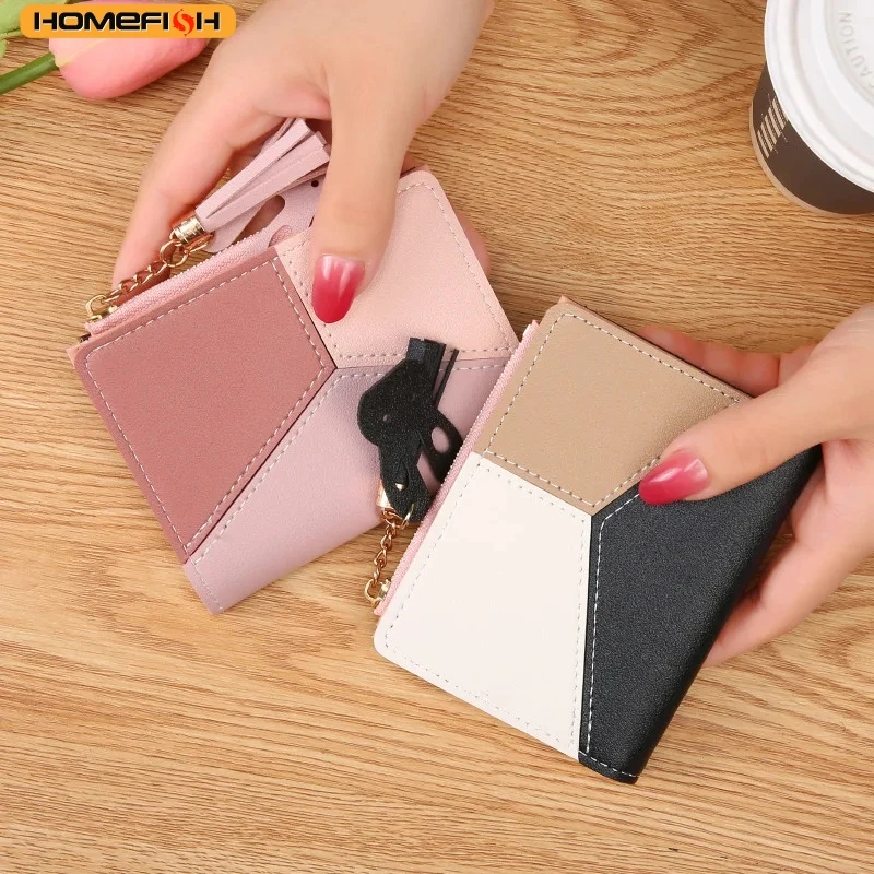 HOMEFISH Purse Female Short New Korean Version Of The Collage Color Tassel Ultra-thin Two-fold Wallet Card Bag Fresh Female