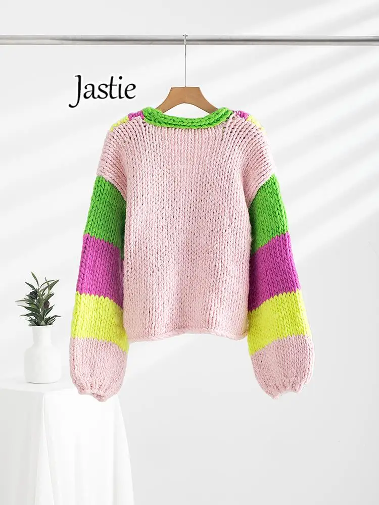 Jastie 2023 Autumn Winter Sweater For Women Colorful Long-sleeved V-neck Tie Loose Gentle Knitted Cardigan Coat Thick Jumper