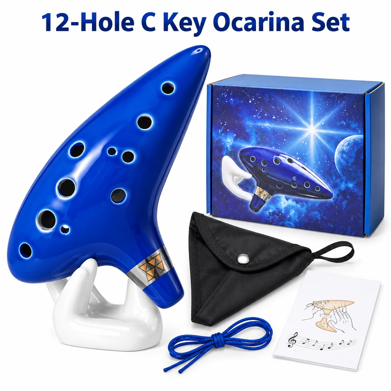 Blue 12‑Hole Alto C Ceramic Ocarina 12 Tones Wind Musical Instrument with Song Book Lanyard Carry Bag for Beginner Players