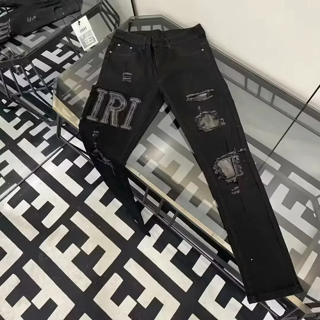 العصرية المطرزة المتعثرة المرقعة سليم صالح الجينز الرجال الراقية المألوف السراويل الطويلة تخصيص الشارع الشهير