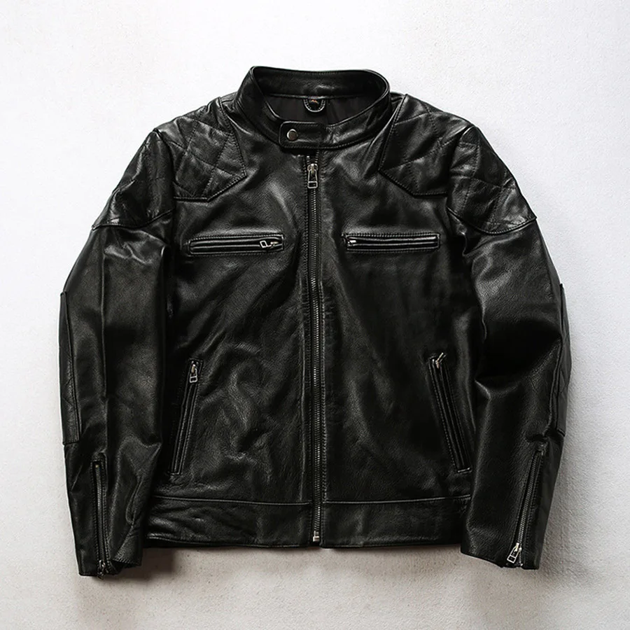 

Men's genuine sheepskin jacket factory direct supply stand collar casual oblique diamond motorcycle cowhide leather jacket