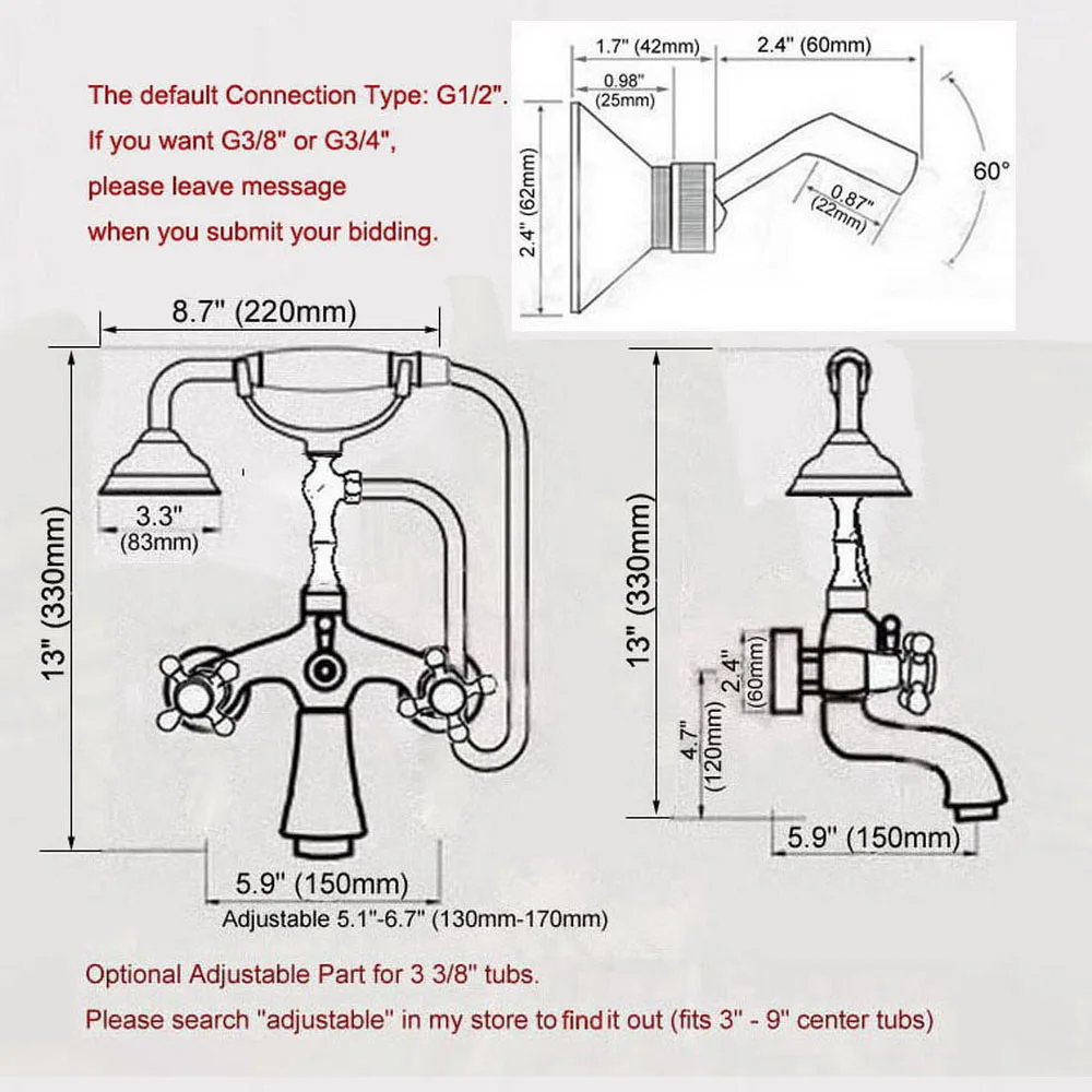 Chrome Brass Double Handle Wall Mounted Bathroom Tub Faucet Set with 150CM Hand Held Shower Spray Mixer Tap 2na760