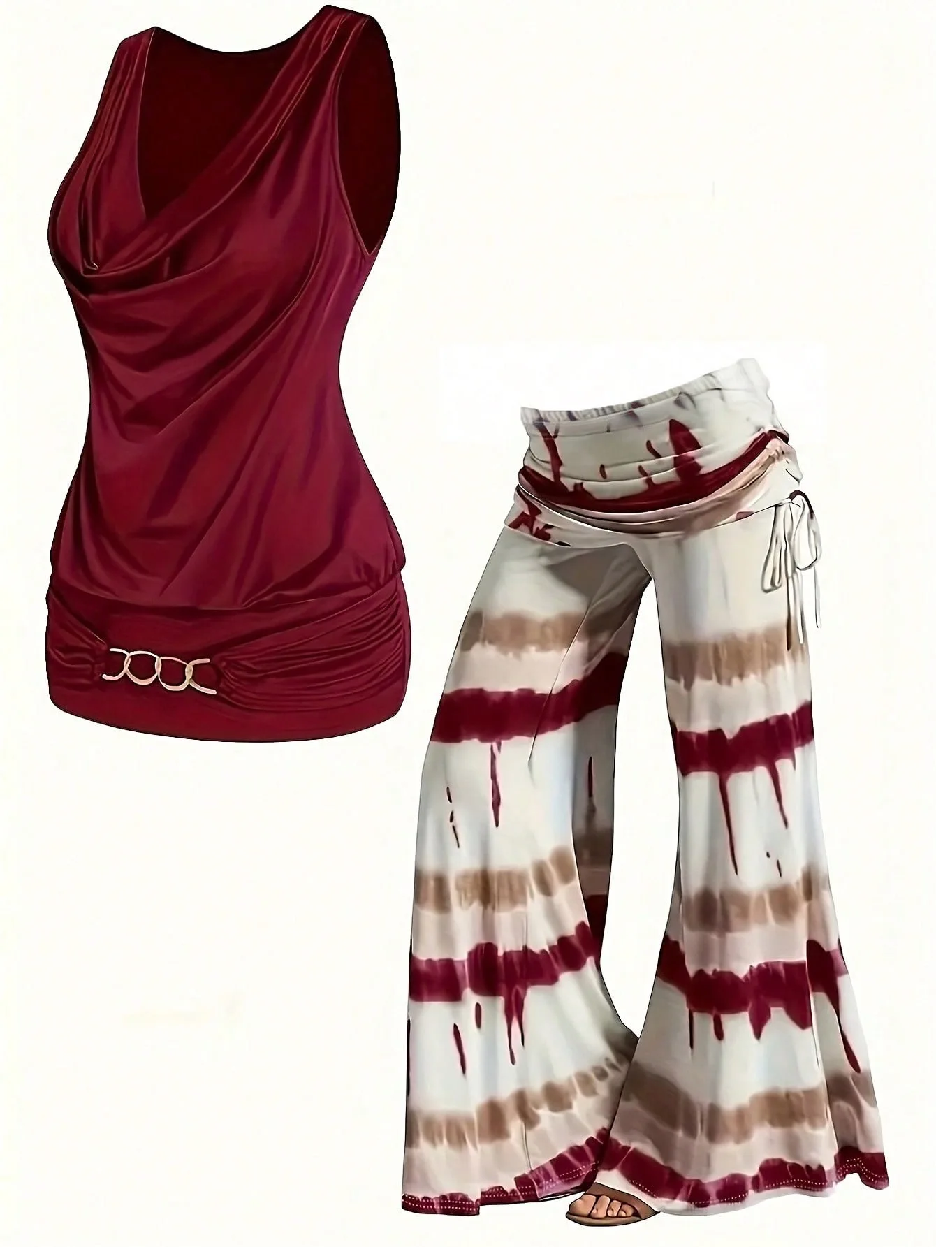 

Женский комплект больших размеров: топ без рукавов с капюшоном и галстук - широкие брюки с краской