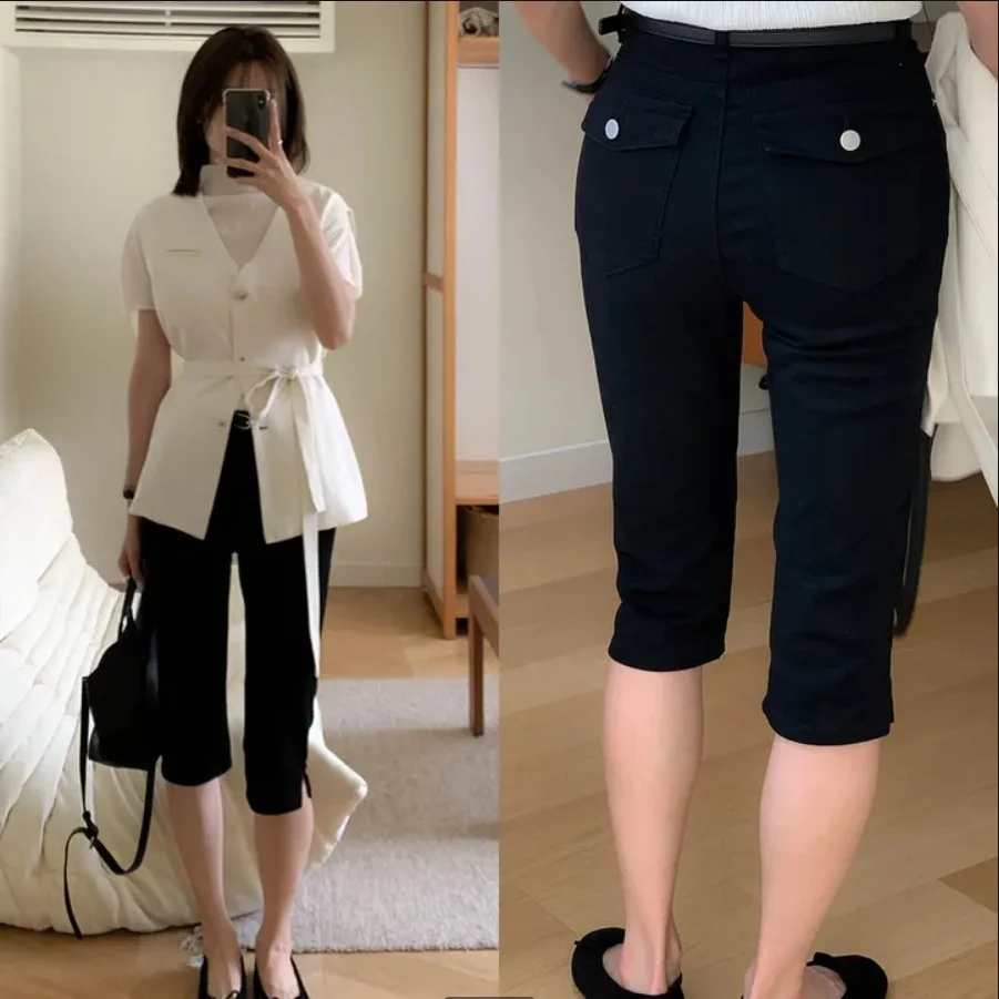 

High Waist Slimming Pocket Elastic Hem Chinoiserie Seven-Foot Shorts Casual Straight Leg Jeans Blue Cotton Non-Fleece Summer