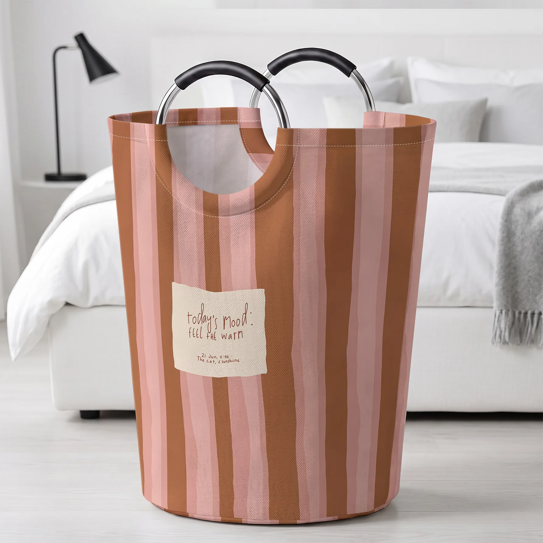 Brown Pink Vertical Stripe With Text Label Handheld Storage Basket, For Laundry, Bedroom & Home Sundries Storage