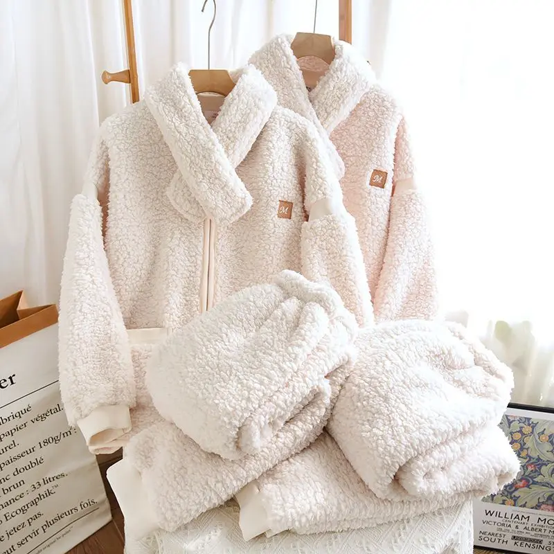 Thickened coral fleece pajamas women autumn winter lambskin fleece scarves home wear warm couple sets fleece can be worn outside