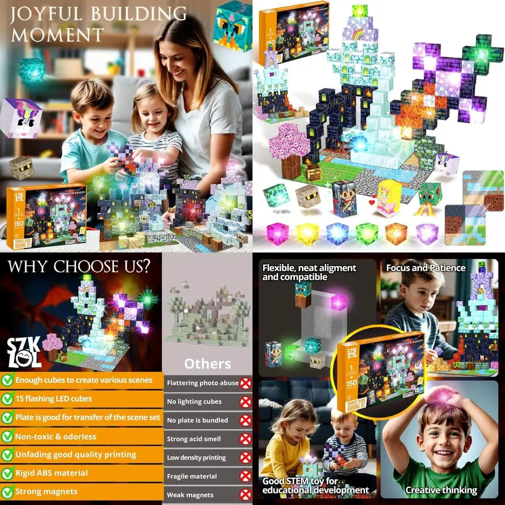 光る磁気ブロック - 150ピース プリンセス＆ナイトテーマ STEMセット 3歳以上のお子様向け 15個の光るキューブ付き