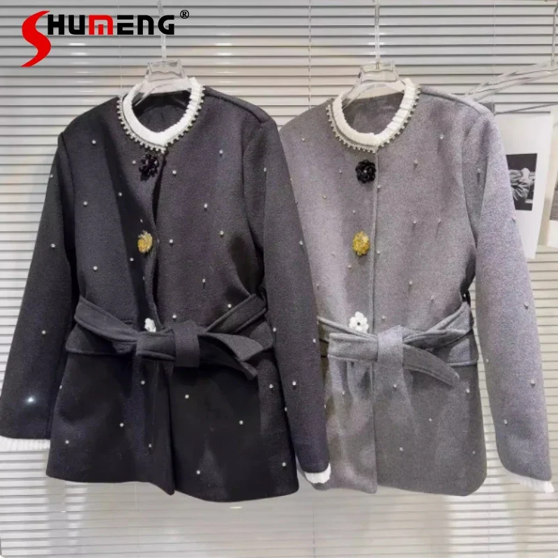 Women's 2024 Winter New Blends Feminine Temperament Rhinestone Flower Buckle Strap Belt Medium Long Long Sleeve Wool Jackets