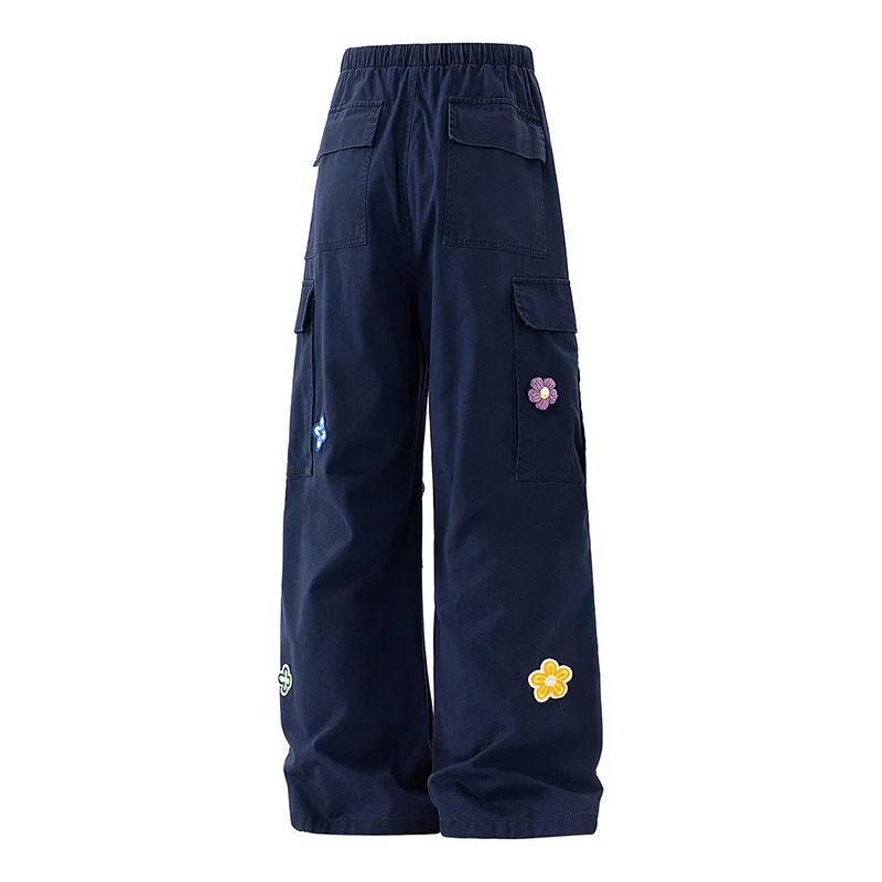 Calças de trabalho tridimensionais com pequenas flores bordadas lavadas para casais, calças de emagrecimento e versáteis de algodão puro com pernas retas