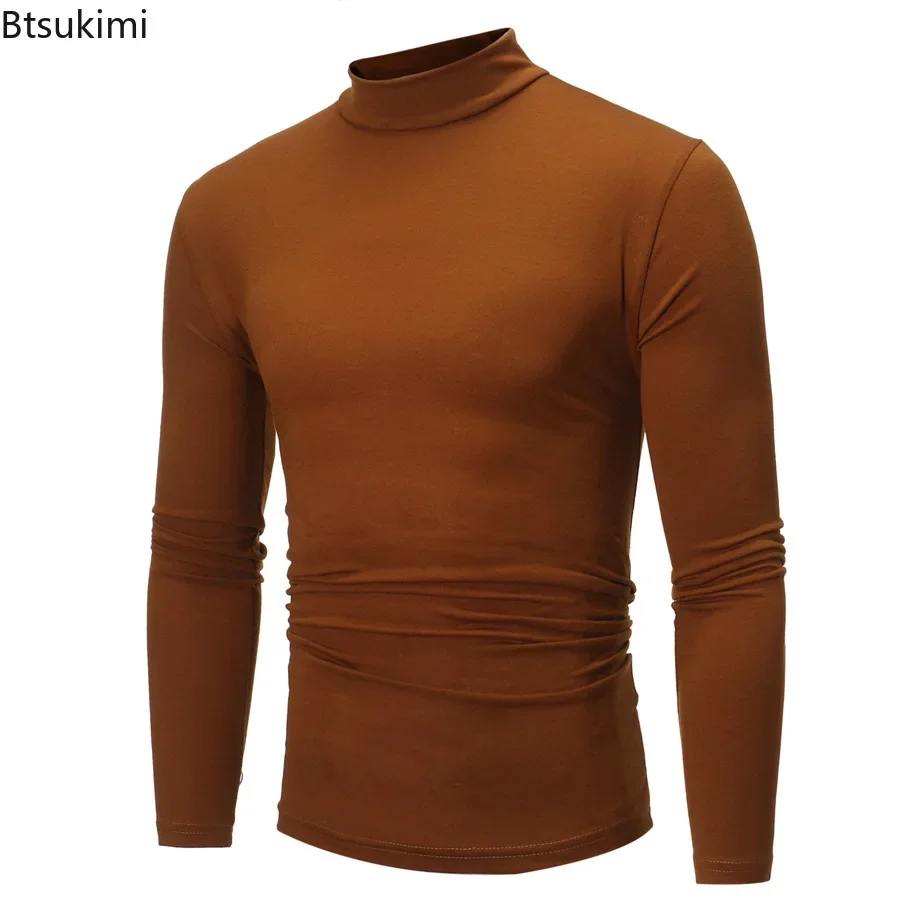 2024 Men's Casual Slim Basic Cotton T-shirts Turtleneck Pullovers Long Sleeve Tees Spring Autumn Solid Bottoming Tops for Men