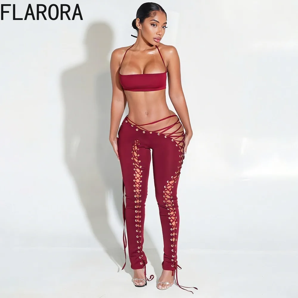FLARORA موضة ضمادة 2 قطعة مجموعات امرأة الرسن عارية الذراعين قطع علوية بدون أكمام و الجوف خارج Shiring السراويل وتتسابق Y2k الشارع الشهير