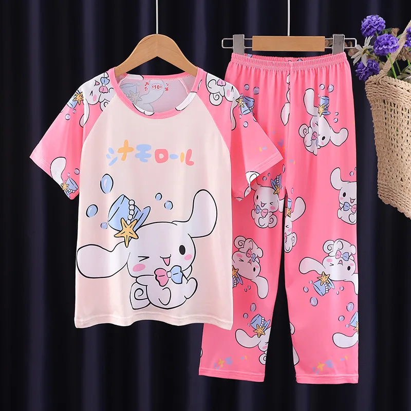 Summer Sanrio Children Pajamas Suit Anime Hello Kitty Kuromi Cinnamoroll Children Short Sleeved Set Kids Sleepwear Home Clothes