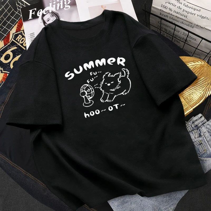 2023 Summer Cat and Dog Cotton Tshirt Women Cartoon Pattern Loose Couple Valentine's Day T Shirt