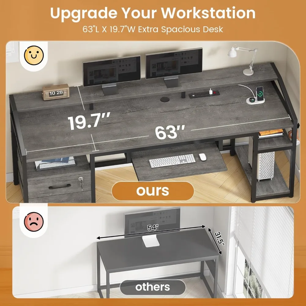 63" Computer Desk, Office Desk with Lockable Drawers for Legal/Letter File, Gaming Desk with LED Lights & Power Outlet