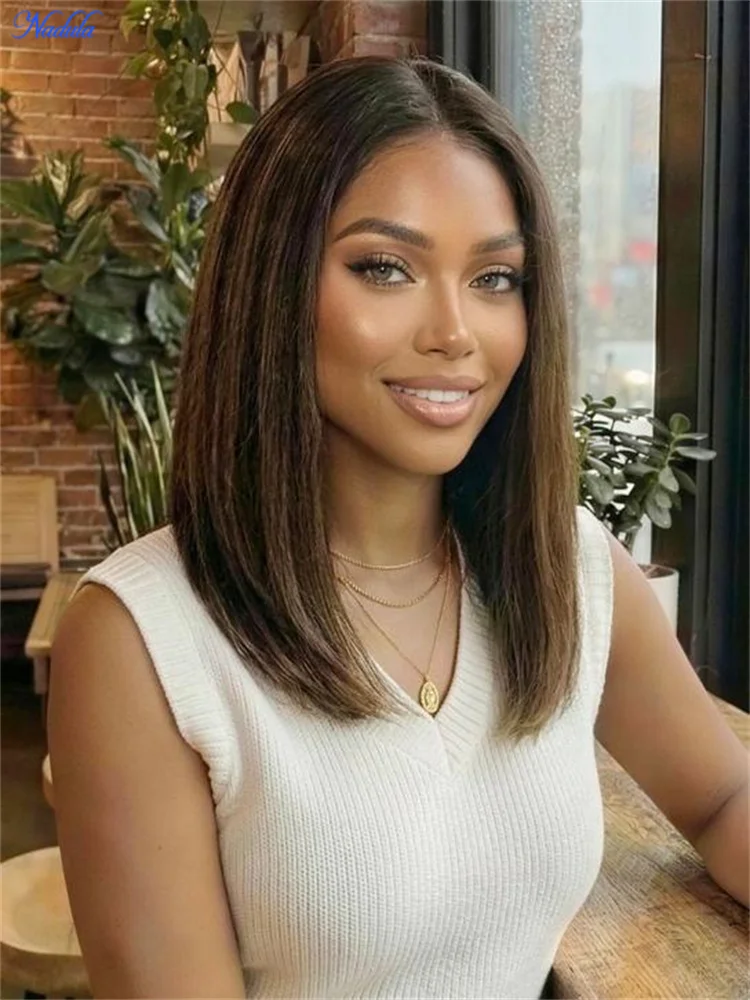 Nadula Bye Bye Slip Balayage Brown Bob Wig Cabello Humano Yaki Liso 7x5 con Encaje Precortado y Nudos Pre Decolorados con Cordón Invisible