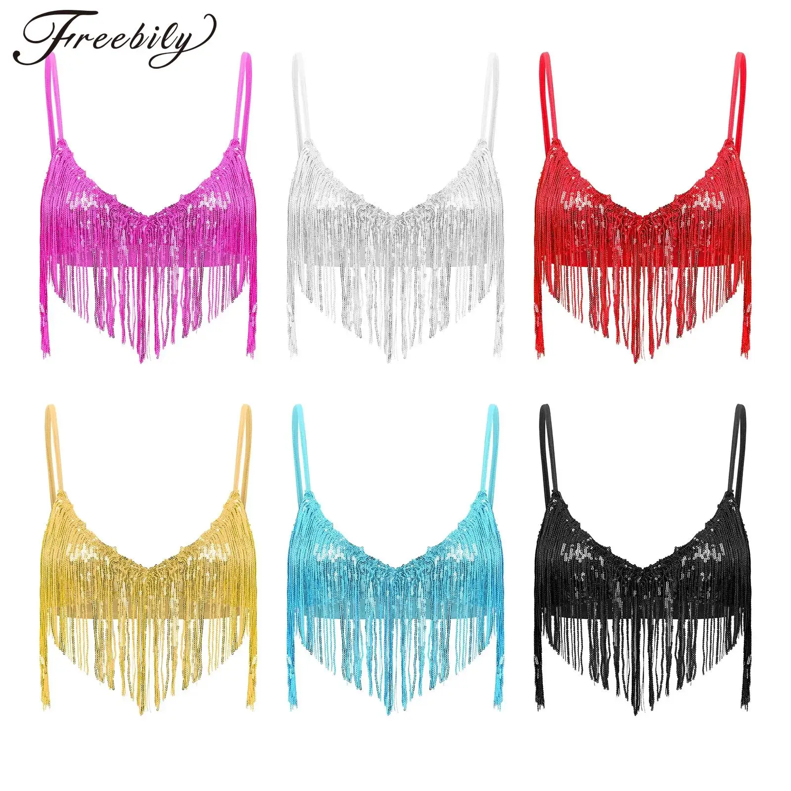 

Womens Shiny Sequin Tassel Bra Top Non-padded Wireless Clubwear Rave Dance Party Y2K Camisoles