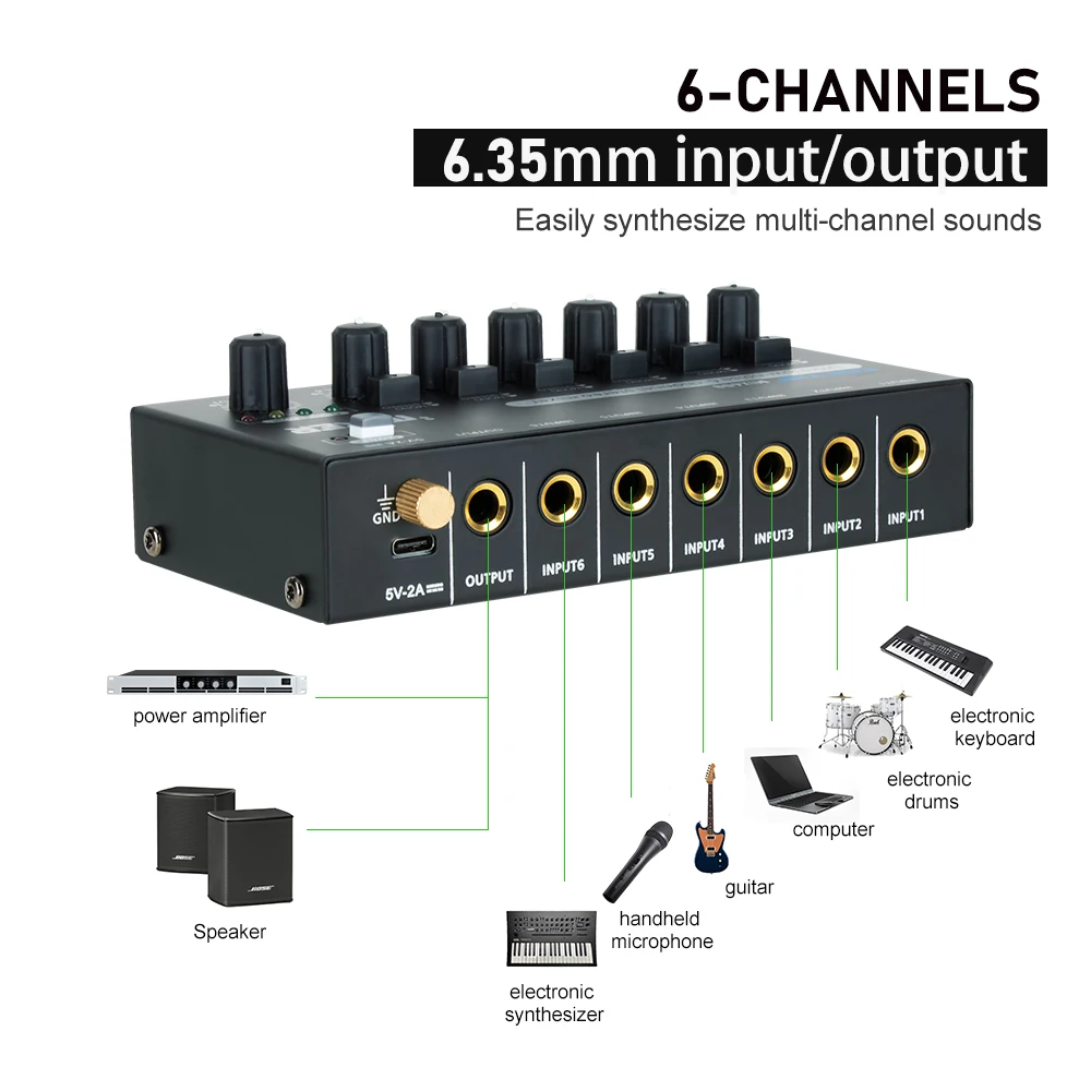 Mezclador de sonido de bajo ruido, mezclador de línea de 6 canales, Mini mezclador de sonido, fuente de alimentación DC5V, fácil operación, COKYIS MIX600, salida de fábrica