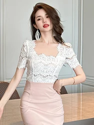 2023 Fashion Elegant White Blouse Hook Floral Hollow Women Tops Sweet Outfits Sheer Lace Sexy T-Shirts Tees Party Street Clothes