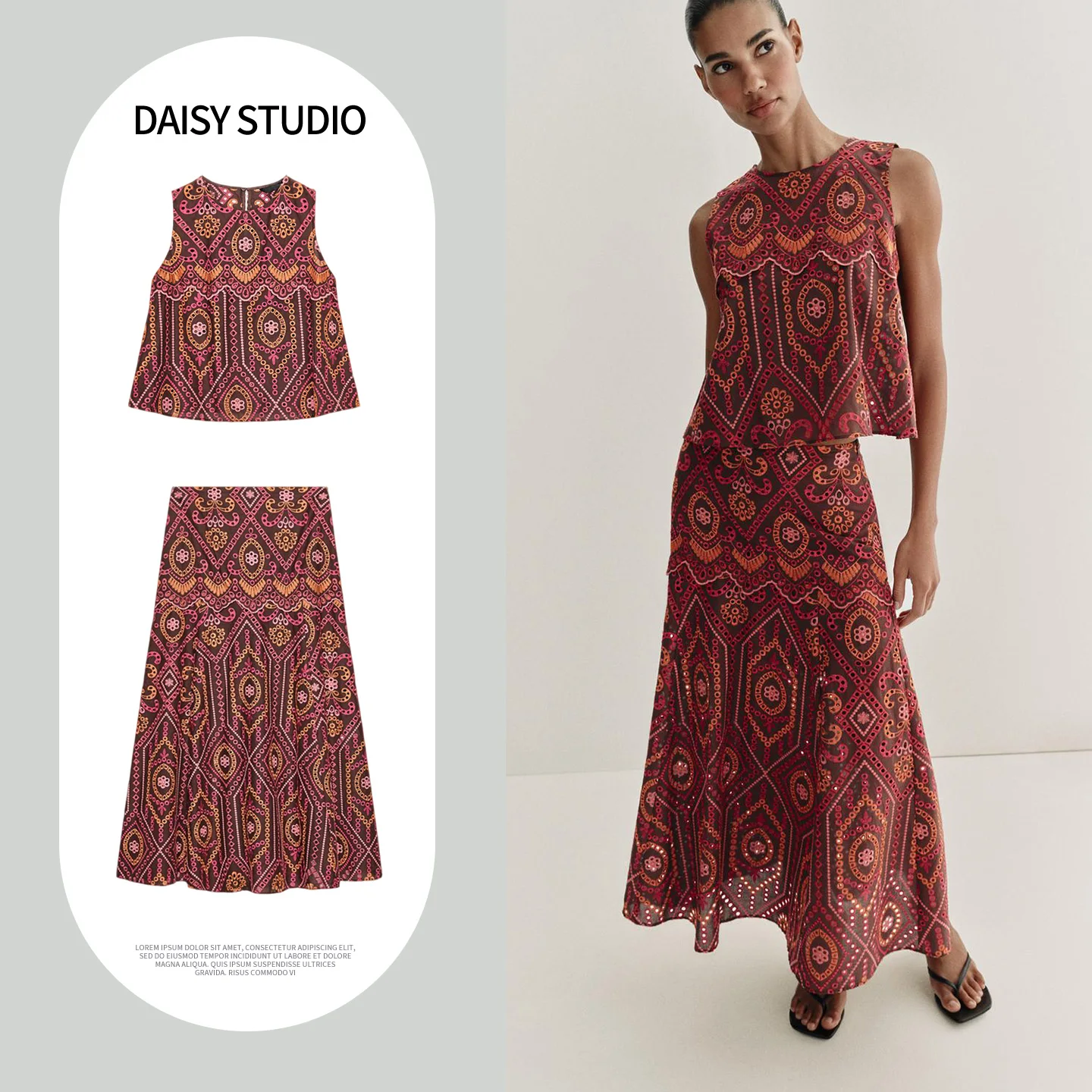 

n Sle Embroidered Top And High Waist Skirt Set round Ne Svel Women's Faion Spring Collection Two Piece Set