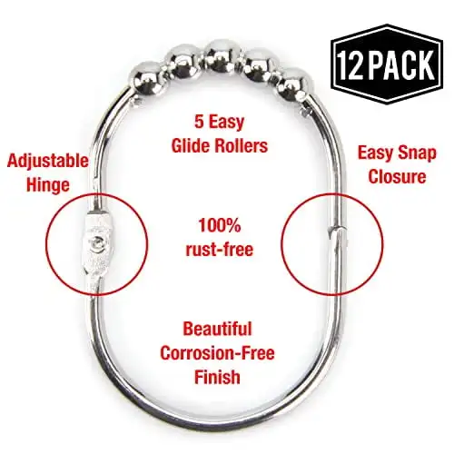 Shower Curtain Rings Set, Polished Chrome Finish, Easy Glide
