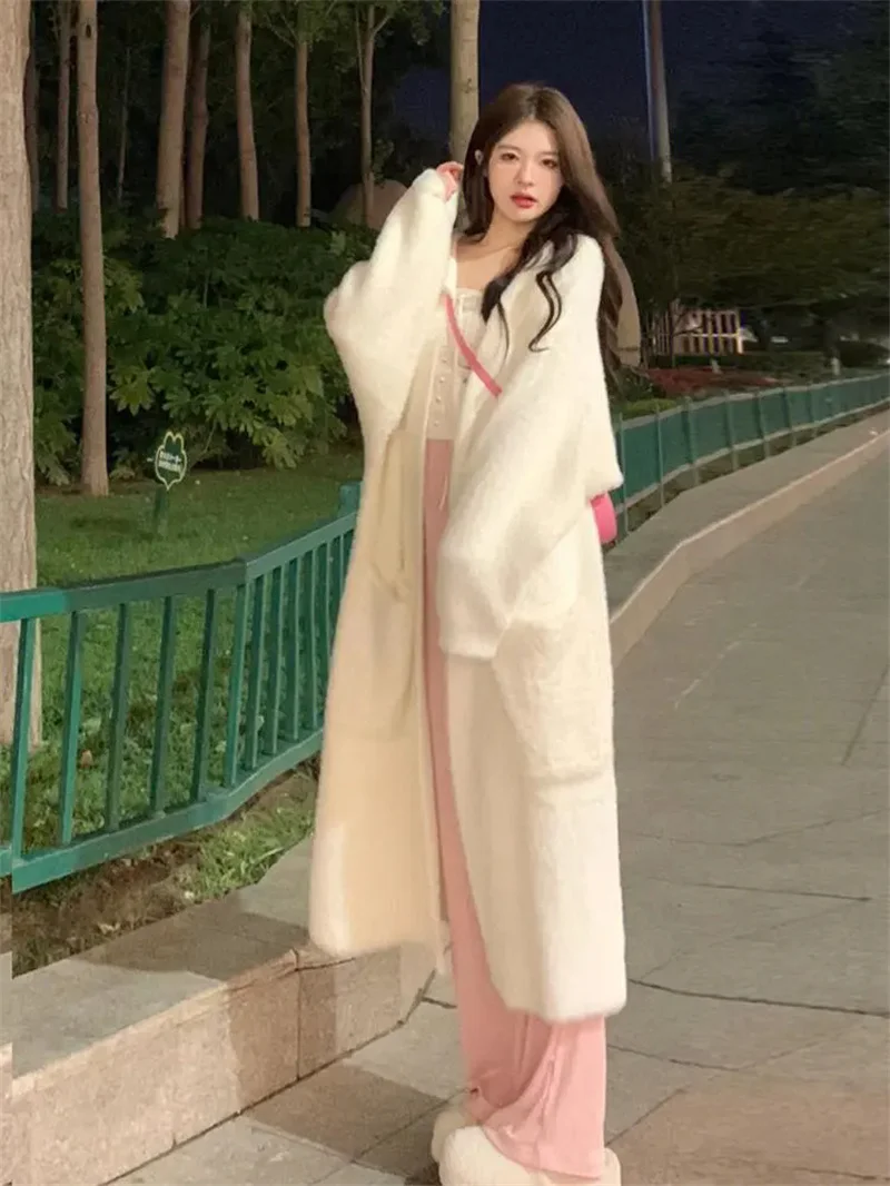 Imitation Mink Fur Sweater Jacket Women, Loose And Lazy Style, Winter Medium Long White Knitted Cardigan, Female Hooded Bathrobe