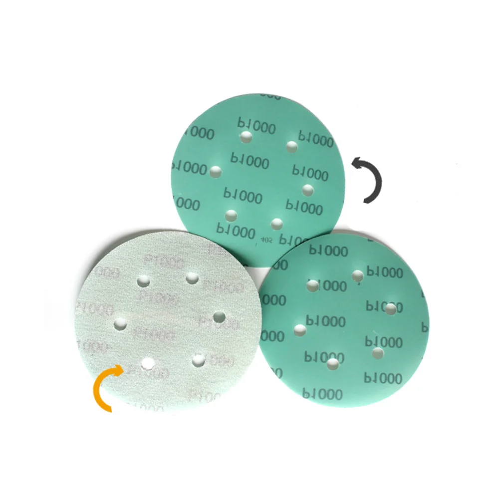5 pcs 6 인치 6 구멍 폴리 에스테 필름 녹색 사포 Fessional 반대로 막히는 그라인딩 샌딩 디스크 후크 루프 모래 종이 1000 그릿