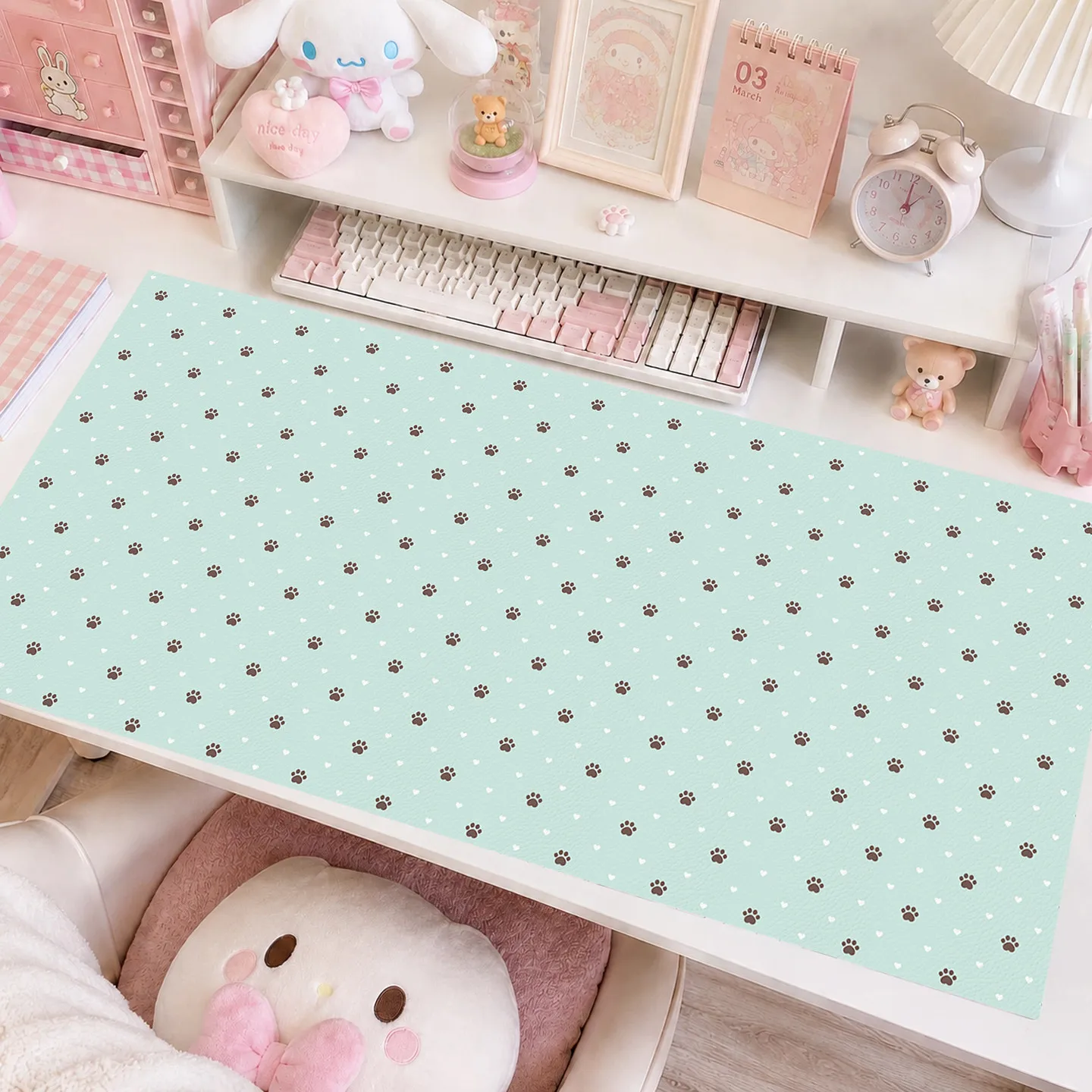 Mint Green Pink Polka Dots Kitten Paw ins Leather Desk Pad Protector Y2K Mouse Pad Office Desk Mat PU Desk Blotter keyboard Pads
