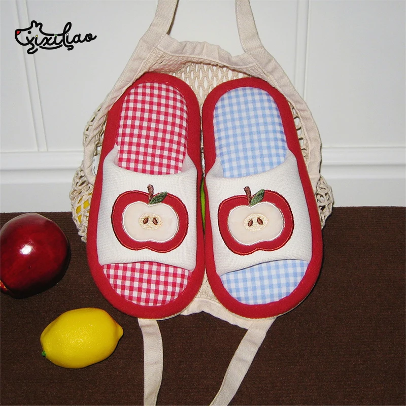 

XIXITIAO 2026 Home Slippers for Wowmen Fashion New Apple Embroidered Indoor Flat Slippers,Anti slip,Color-blocked Plaid Design