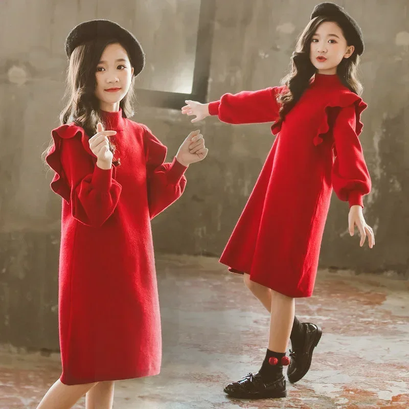 Autumn Child Lace Kids Girls Clothes Red Knitted Ruffles Teenager Long Sleeve Sweater Dresses Autumn 7 8 9 10 11 12 13 14 Years